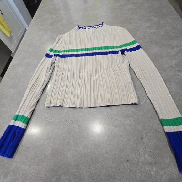 BDG Kiara Women's Open Back Ribbed Long Sleeve Sweater Beige Green Navy - Medium - Picture 3 of 13